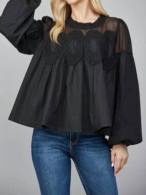 Fate Lace Sheer Yoke Applique Mixed Media Blouse
